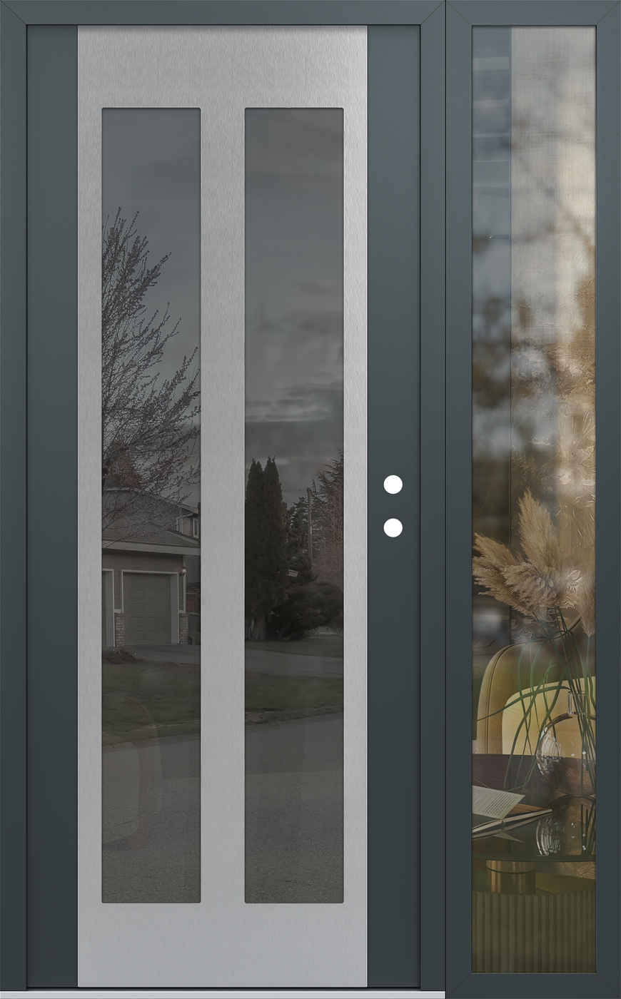 Modern Steel Front Door Diamond C14 52" x 80" anthracite/anthracite mirrored Glass Panel stainless steel LHI with Sidelite clear Glass