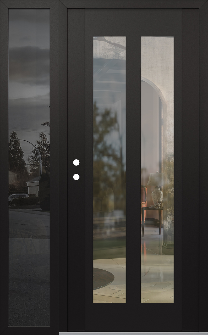 Modern Steel Front Door Diamond C14 52" x 80" black/black clear Glass Panel black RHI with Sidelite mirrored Glass