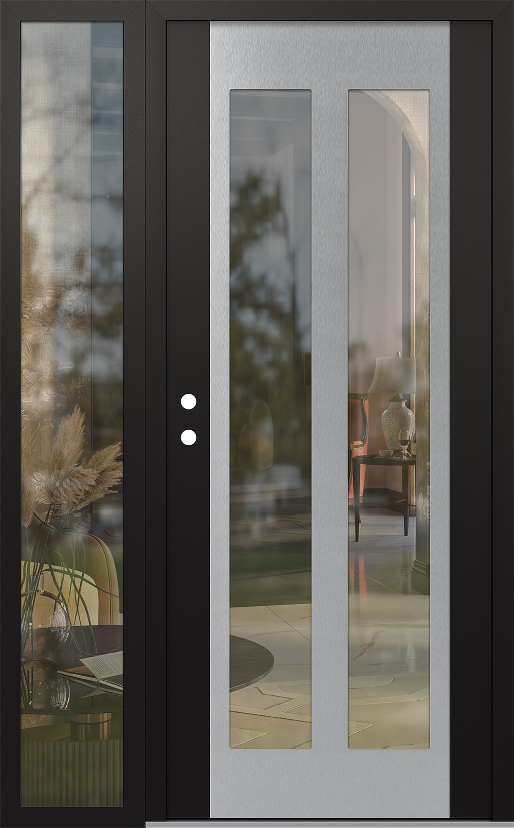 Modern Steel Front Door Diamond C14 52" x 80" black/black clear Glass Panel stainless steel RHI with Sidelite clear Glass