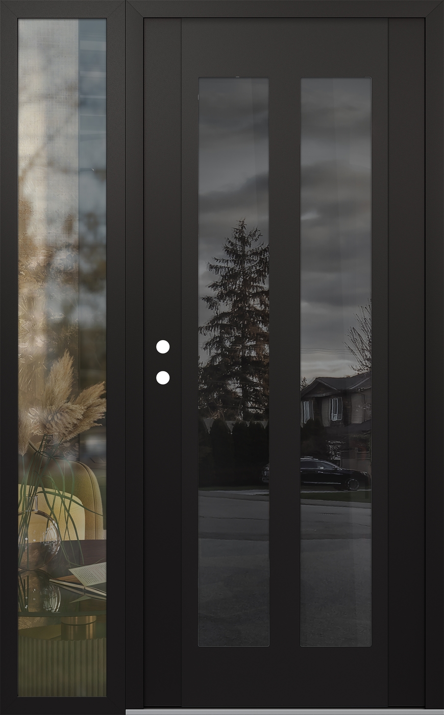 Modern Steel Front Door Diamond C14 52" x 80" black/black mirrored Glass Panel black RHI with Sidelite clear Glass