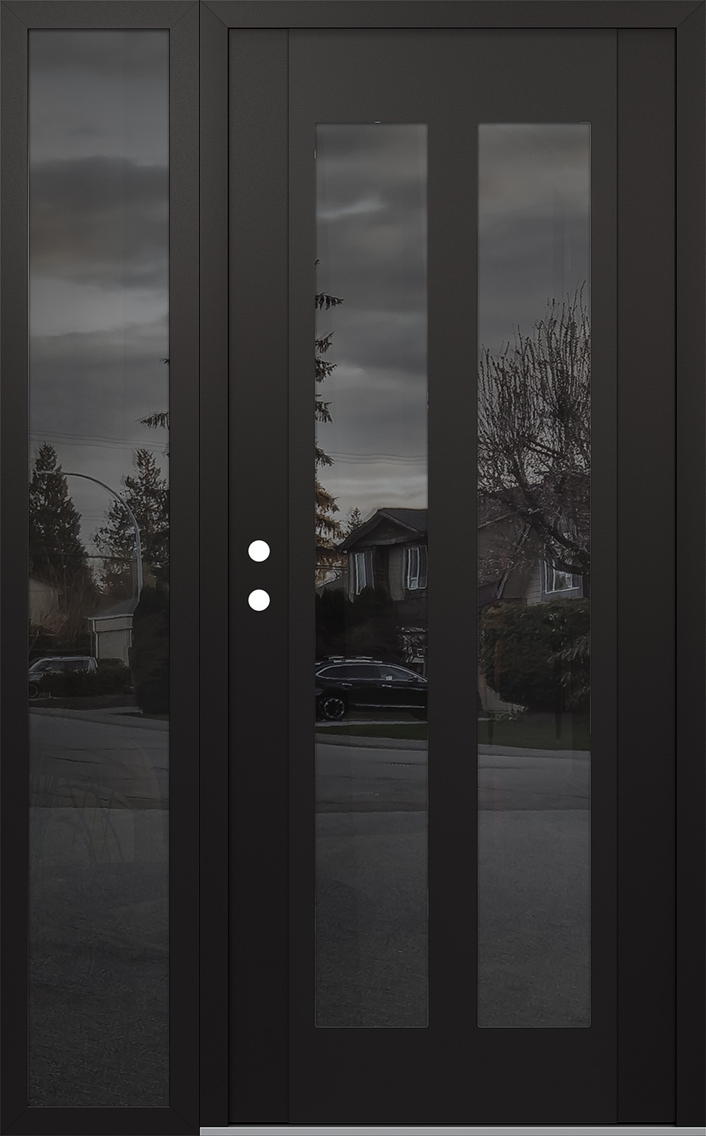 Modern Steel Front Door Diamond C14 52" x 80" black/black mirrored Glass Panel black RHI with Sidelite mirrored Glass