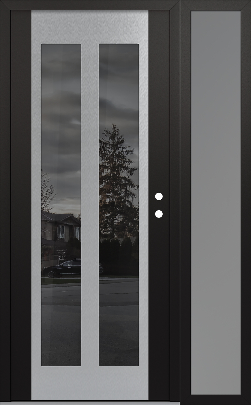 Modern Steel Front Door Diamond C14 52" x 80" black/black mirrored Glass Panel stainless steel LHI with Sidelite frosted Glass