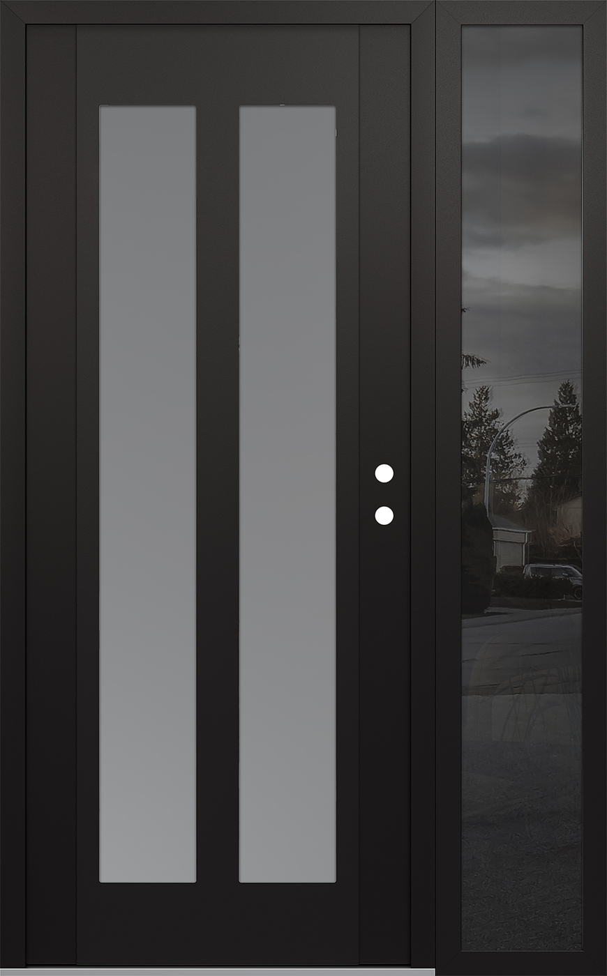 Modern Steel Front Door Diamond C14 52" x 80" black/white frosted Glass Panel black LHI with Sidelite mirrored Glass