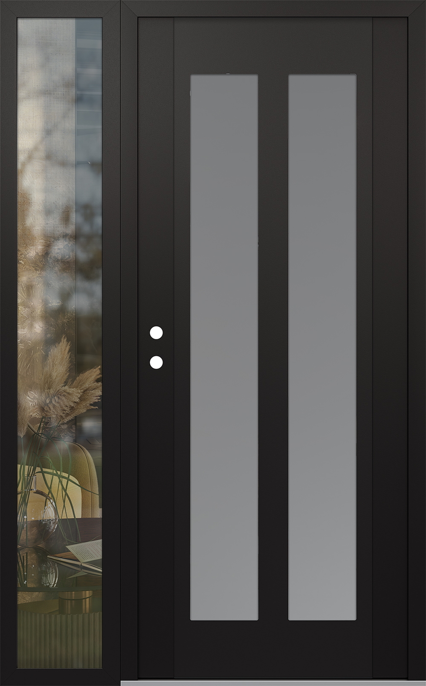 Modern Steel Front Door Diamond C14 52" x 80" black/white frosted Glass Panel black RHI with Sidelite clear Glass