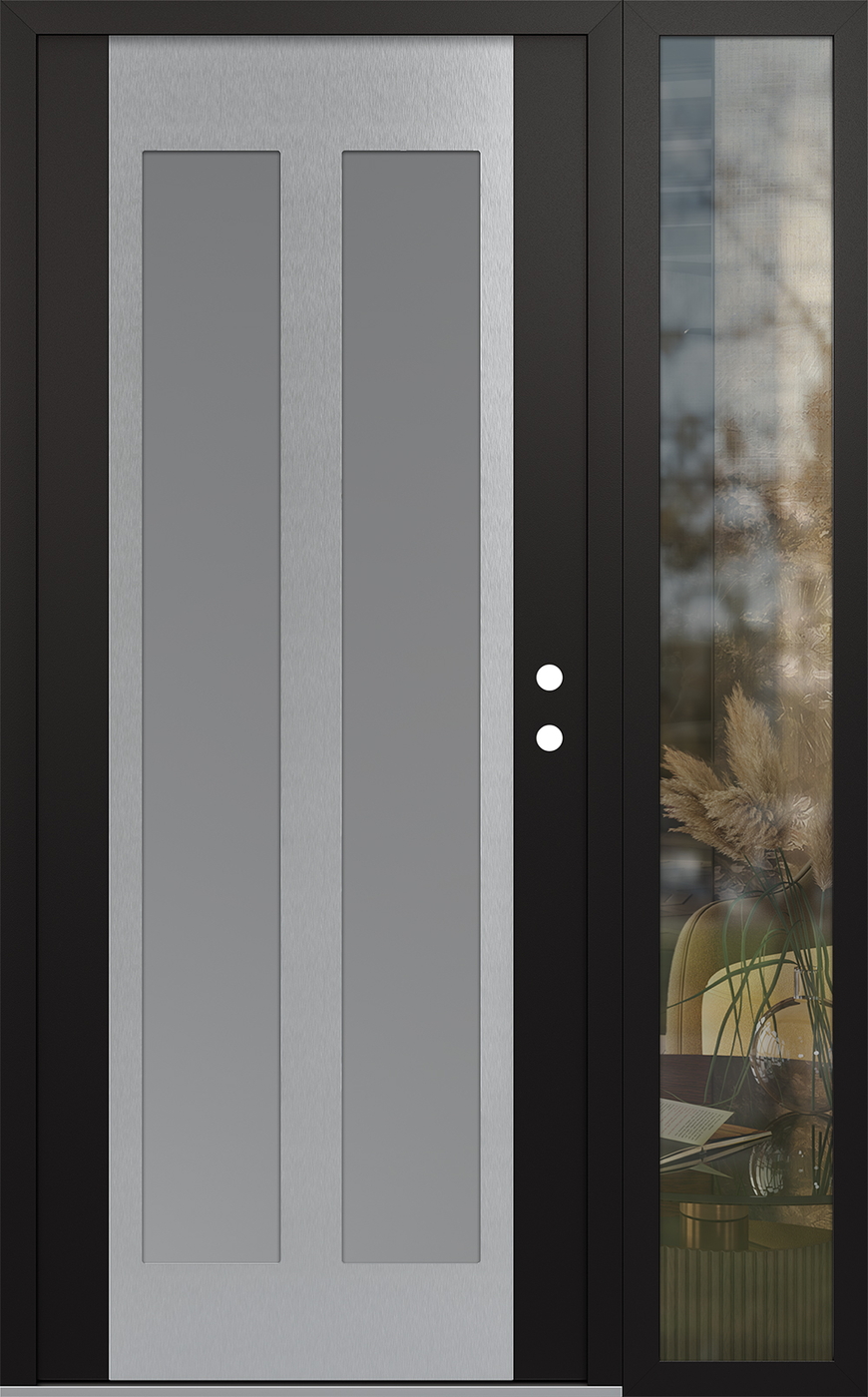 Modern Steel Front Door Diamond C14 52" x 80" black/white frosted Glass Panel stainless steel LHI with Sidelite clear Glass