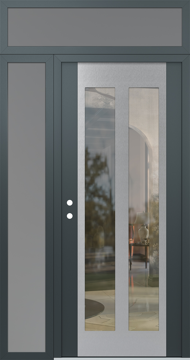 Modern Steel Front Door Diamond C14 52" x 96" anthracite/anthracite clear Glass Panel stainless steel RHI with Sidelite and Transom frosted Glass