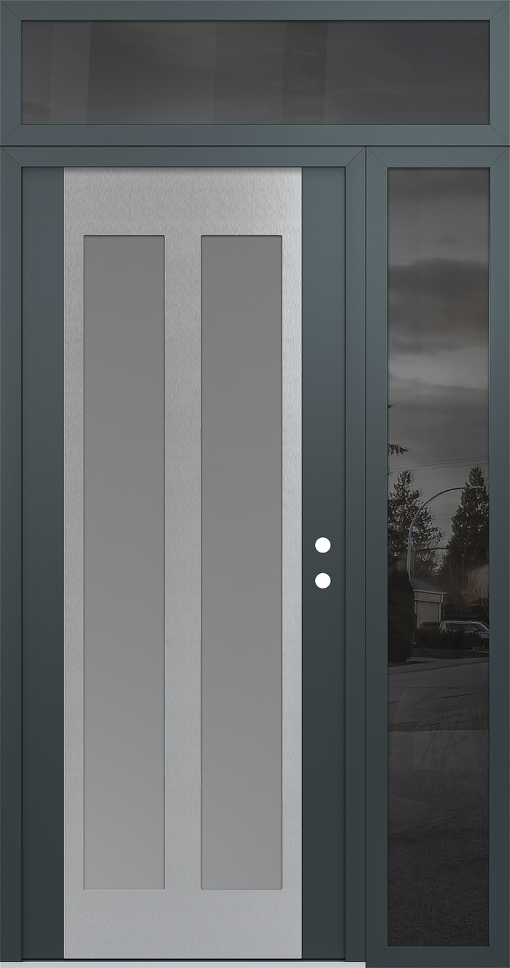 Modern Steel Front Door Diamond C14 52" x 96" anthracite/anthracite frosted Glass Panel stainless steel LHI with Sidelite and Transom mirrored Glass