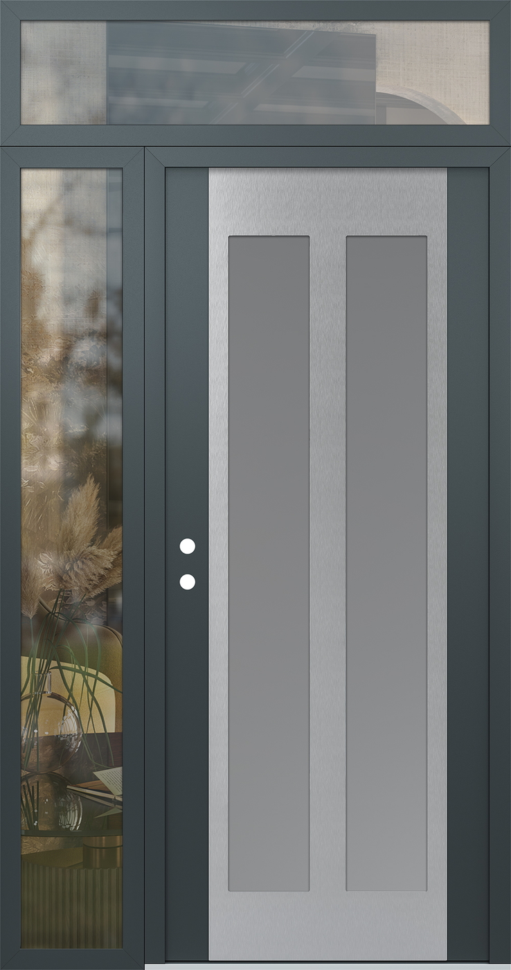 Modern Steel Front Door Diamond C14 52" x 96" anthracite/anthracite frosted Glass Panel stainless steel RHI with Sidelite and Transom clear Glass