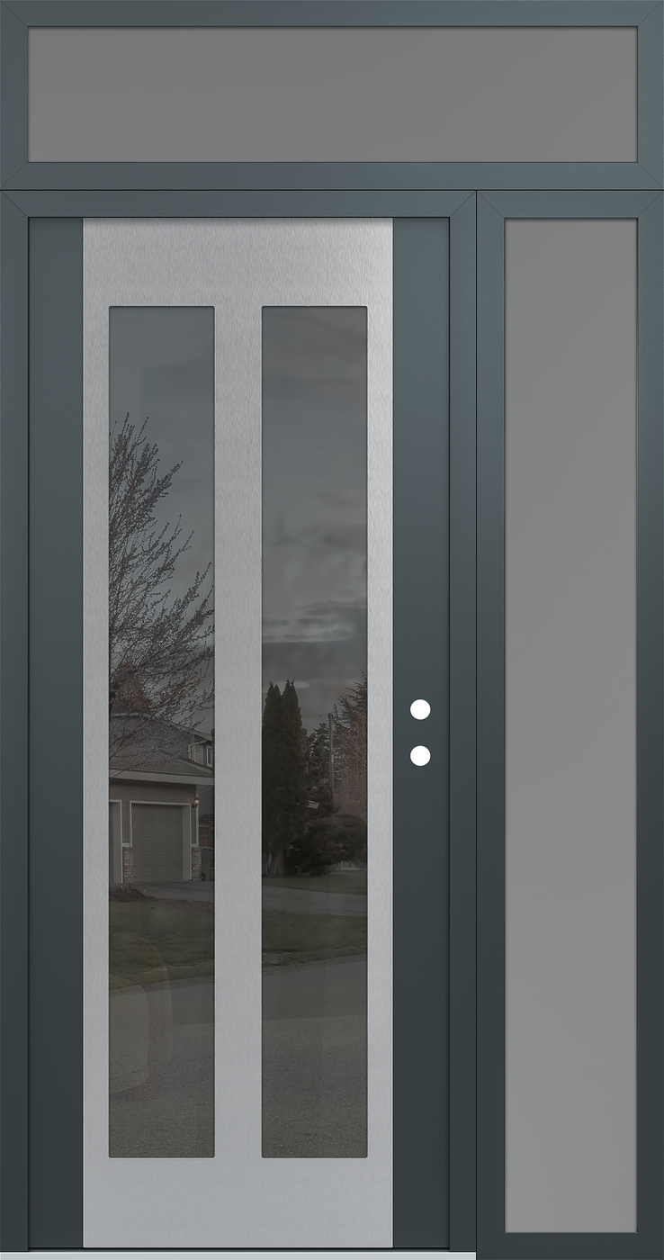 Modern Steel Front Door Diamond C14 52" x 96" anthracite/anthracite mirrored Glass Panel stainless steel LHI with Sidelite and Transom frosted Glass