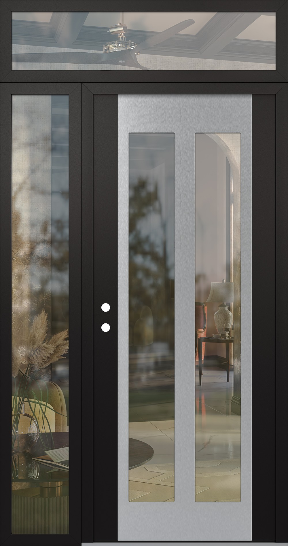 Modern Steel Front Door Diamond C14 52" x 96" black/black clear Glass Panel stainless steel RHI with Sidelite and Transom clear Glass