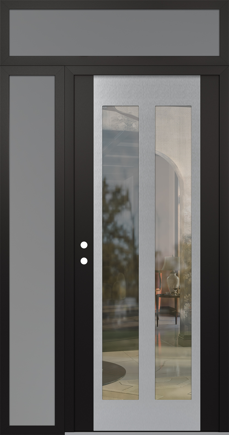 Modern Steel Front Door Diamond C14 52" x 96" black/black clear Glass Panel stainless steel RHI with Sidelite and Transom frosted Glass