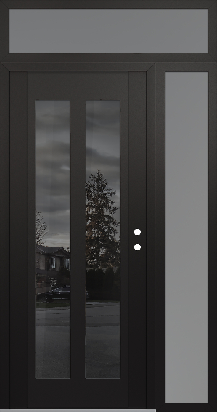 Modern Steel Front Door Diamond C14 52" x 96" black/black mirrored Glass Panel black LHI with Sidelite and Transom frosted Glass
