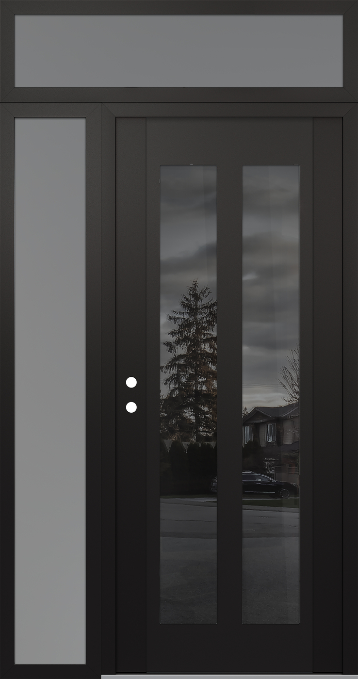 Modern Steel Front Door Diamond C14 52" x 96" black/black mirrored Glass Panel black RHI with Sidelite and Transom frosted Glass