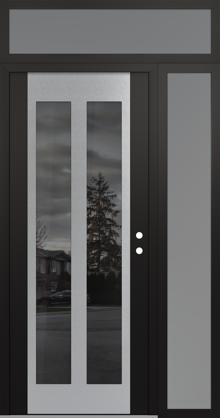 Modern Steel Front Door Diamond C14 52" x 96" black/black mirrored Glass Panel stainless steel LHI with Sidelite and Transom frosted Glass