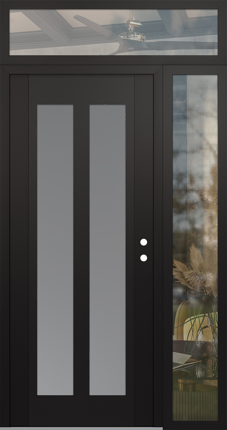 Modern Steel Front Door Diamond C14 52" x 96" black/white frosted Glass Panel black LHI with Sidelite and Transom clear Glass