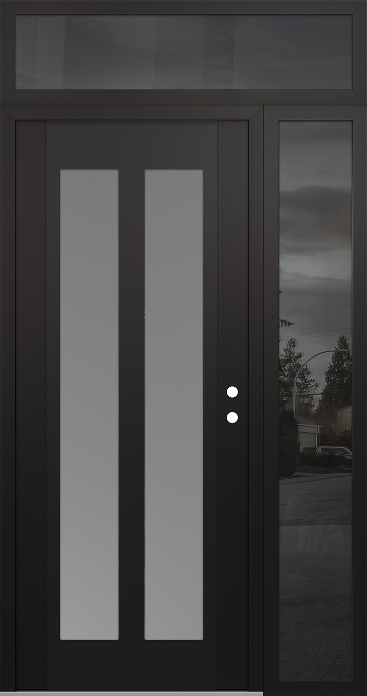 Modern Steel Front Door Diamond C14 52" x 96" black/white frosted Glass Panel black LHI with Sidelite and Transom mirrored Glass