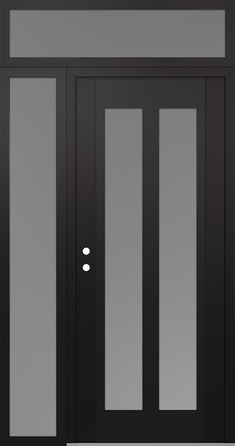 Modern Steel Front Door Diamond C14 52" x 96" black/white frosted Glass Panel black RHI with Sidelite and Transom frosted Glass