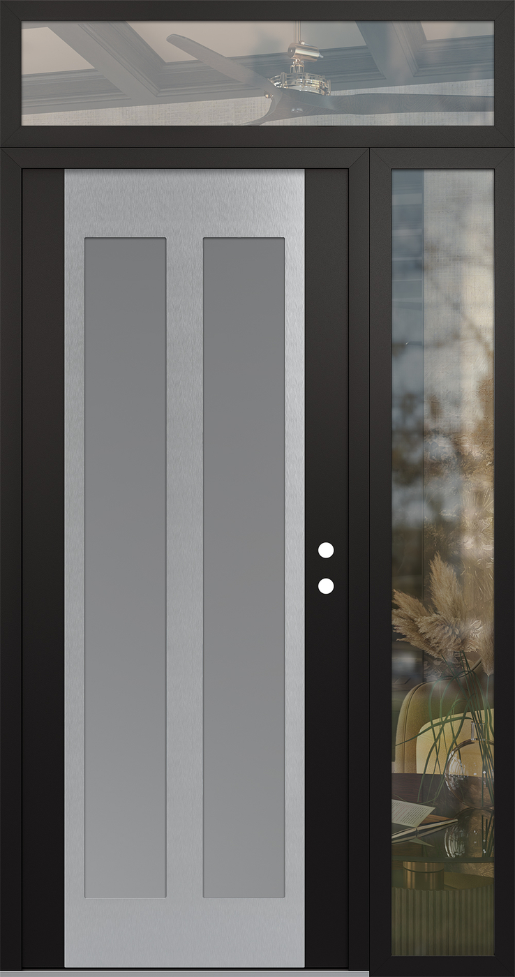 Modern Steel Front Door Diamond C14 52" x 96" black/white frosted Glass Panel stainless steel LHI with Sidelite and Transom clear Glass