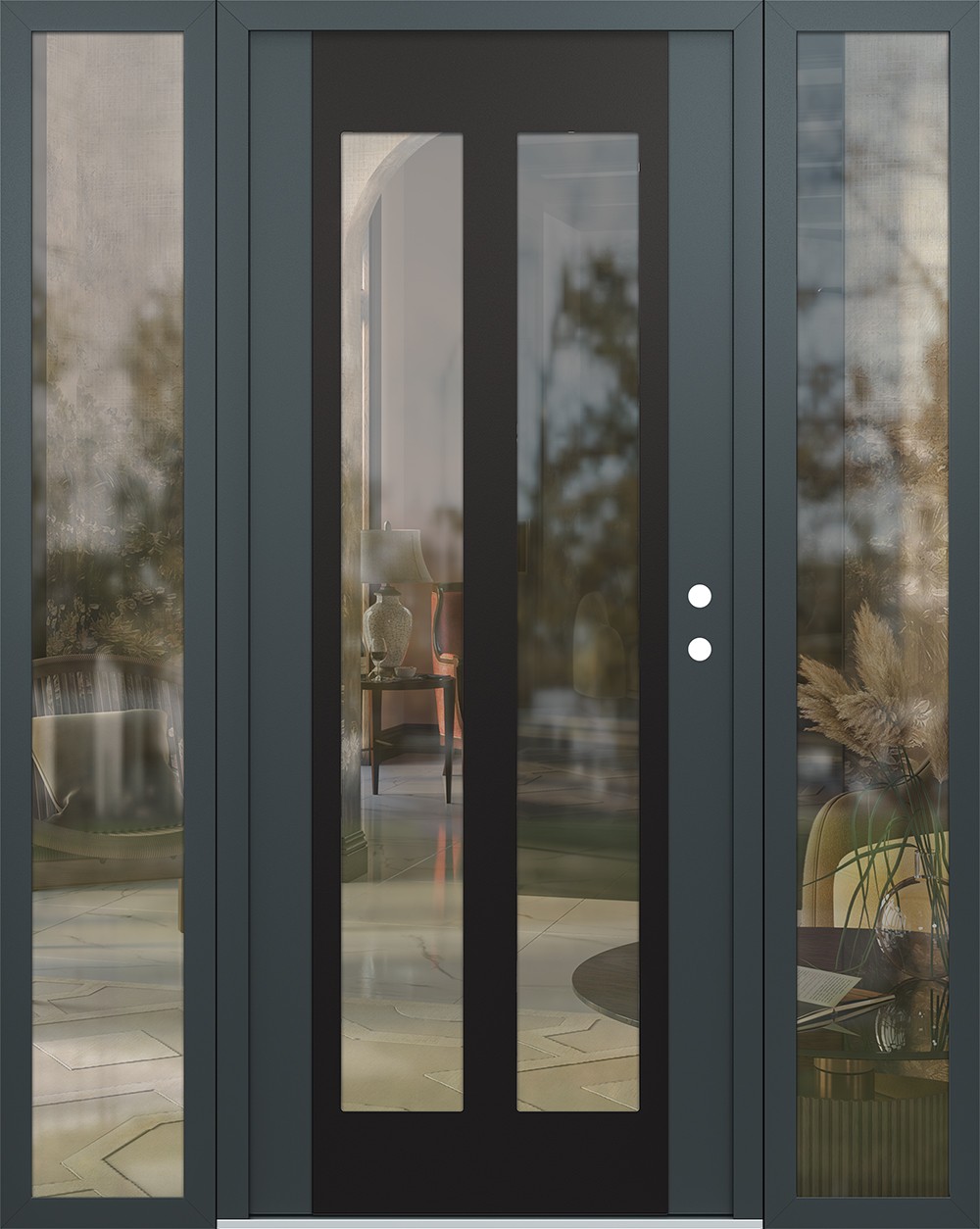 Modern Steel Front Door Diamond C14 60" x 80" anthracite/anthracite clear Glass Panel black LHI with 2 Sidelites clear Glass
