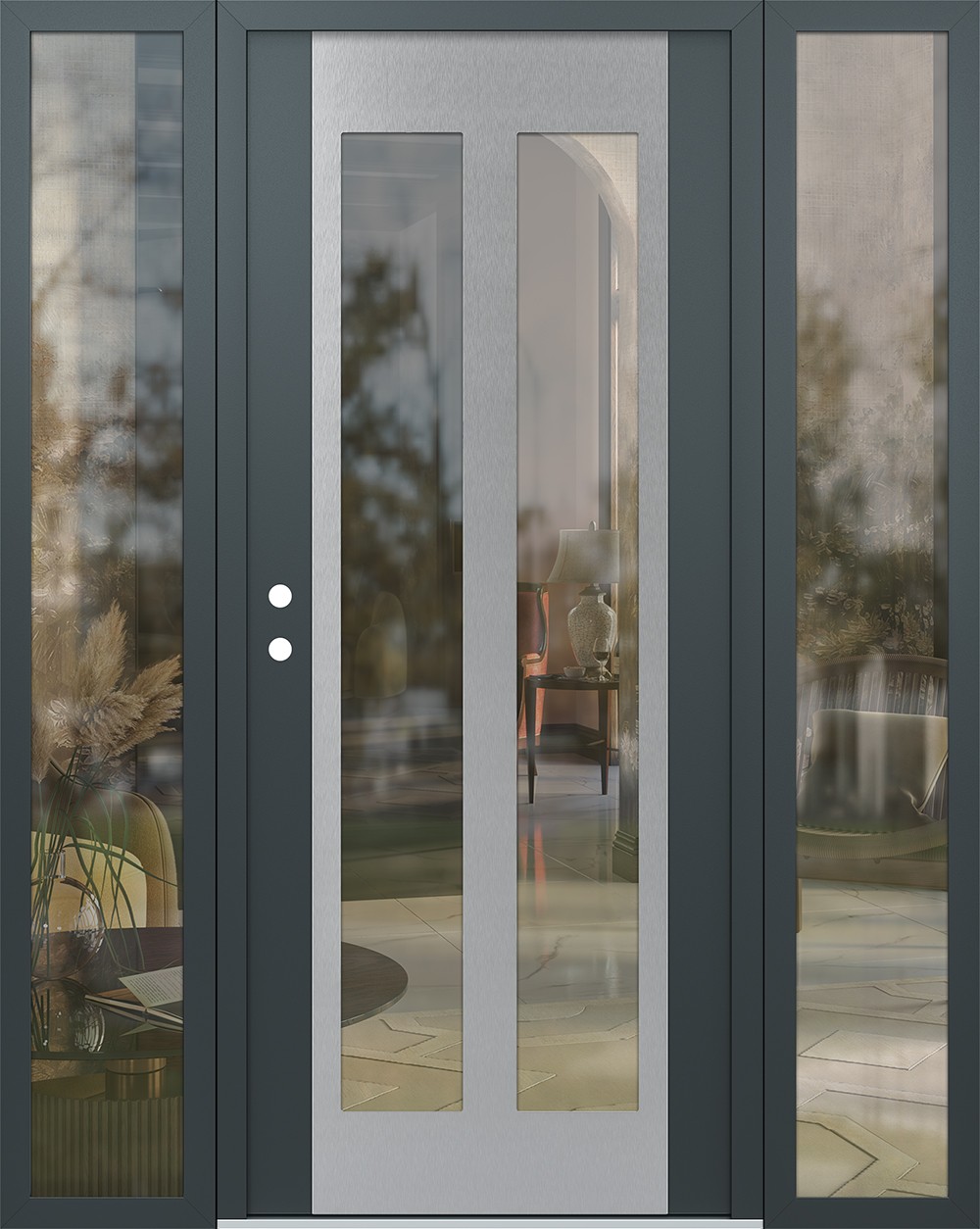 Modern Steel Front Door Diamond C14 60" x 80" anthracite/anthracite clear Glass Panel stainless steel RHI with 2 Sidelites clear Glass