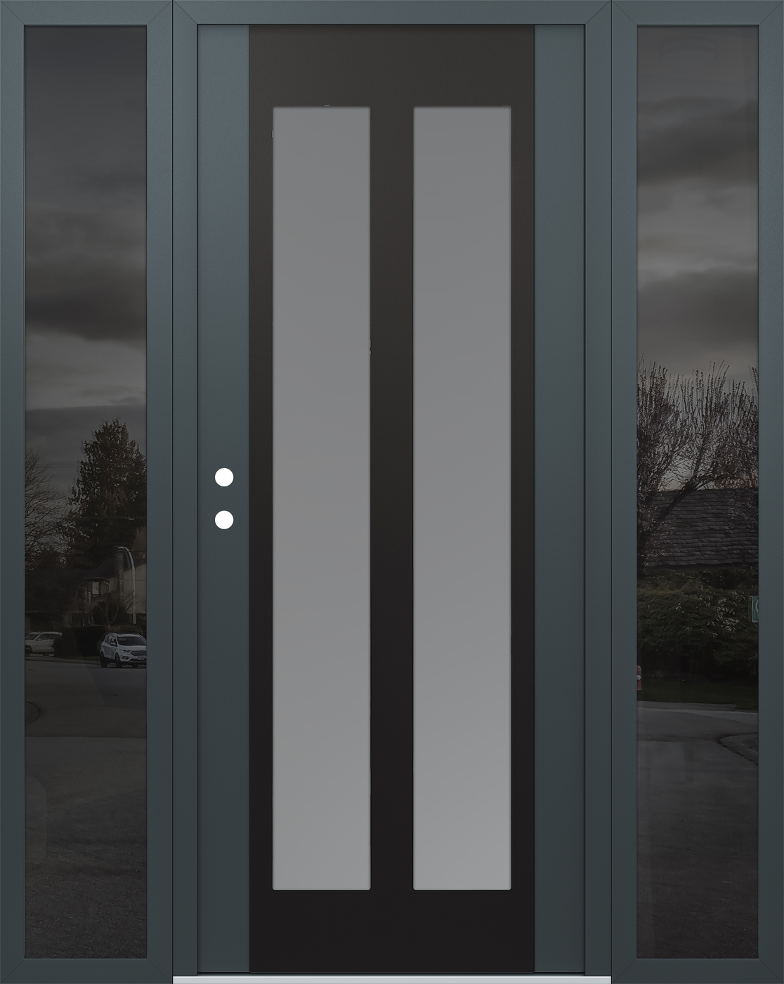 Modern Steel Front Door Diamond C14 60" x 80" anthracite/anthracite frosted Glass Panel black RHI with 2 Sidelites mirrored Glass