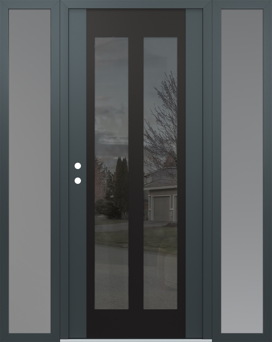Modern Steel Front Door Diamond C14 60" x 80" anthracite/anthracite mirrored Glass Panel black RHI with 2 Sidelites frosted Glass