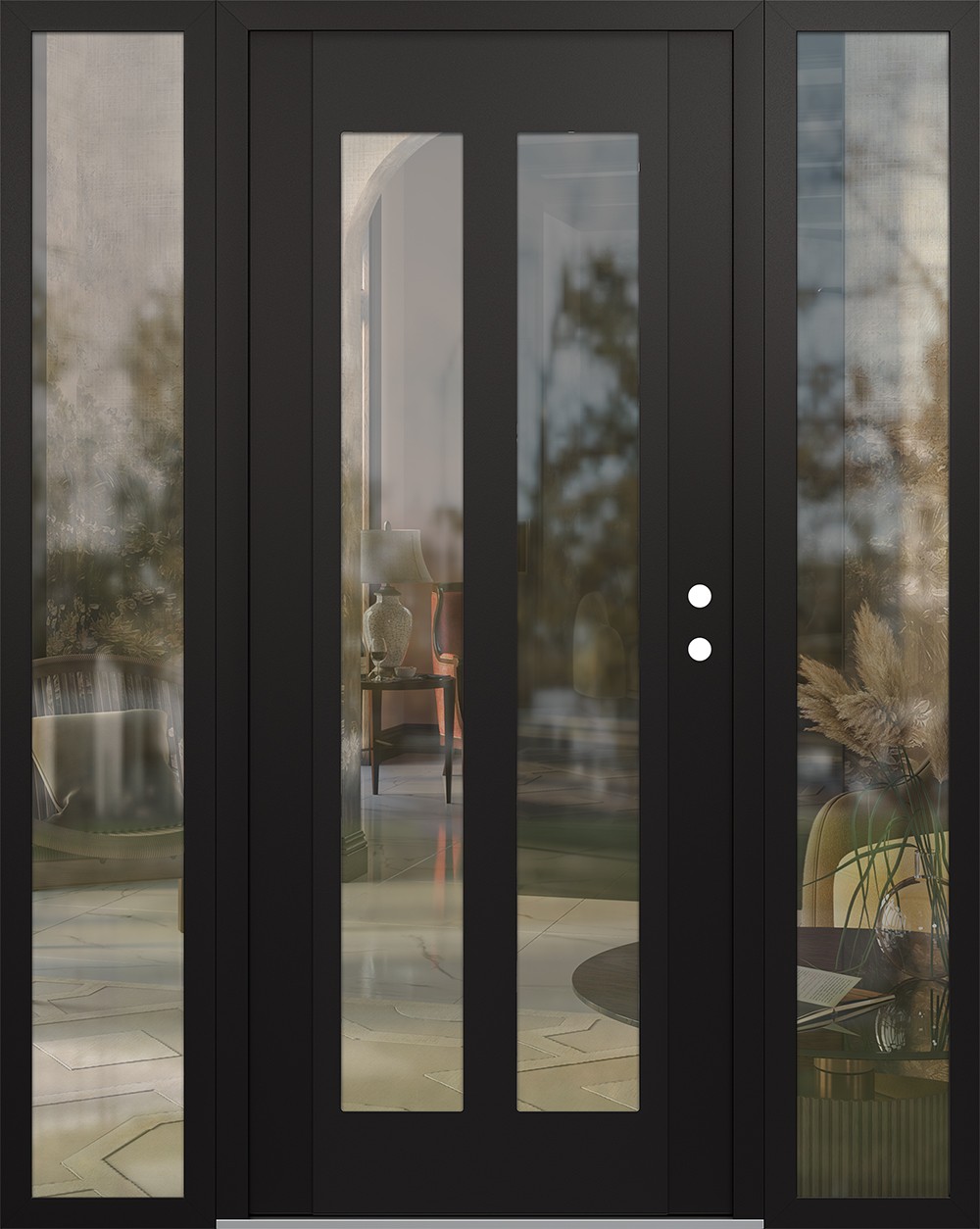 Modern Steel Front Door Diamond C14 60" x 80" black/black clear Glass Panel black LHI with 2 Sidelites clear Glass