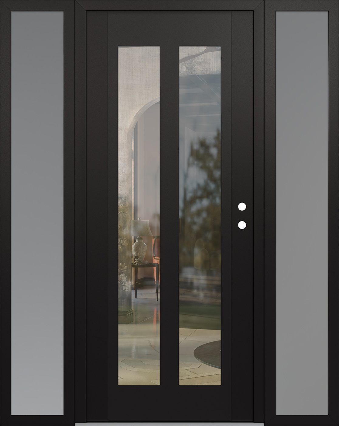 Modern Steel Front Door Diamond C14 60" x 80" black/black clear Glass Panel black LHI with 2 Sidelites frosted Glass