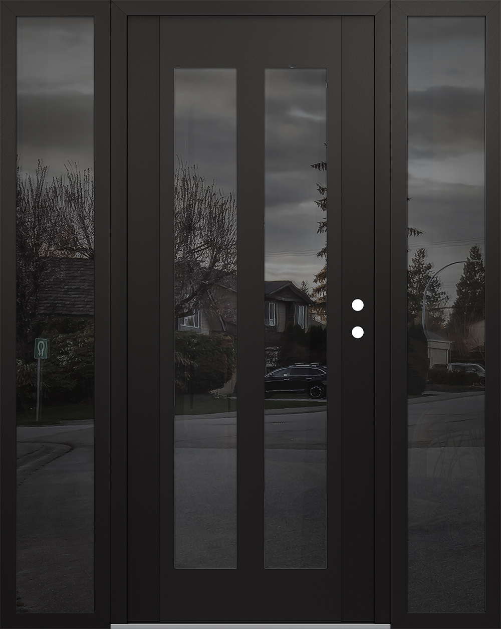Modern Steel Front Door Diamond C14 60" x 80" black/black mirrored Glass Panel black LHI with 2 Sidelites mirrored Glass
