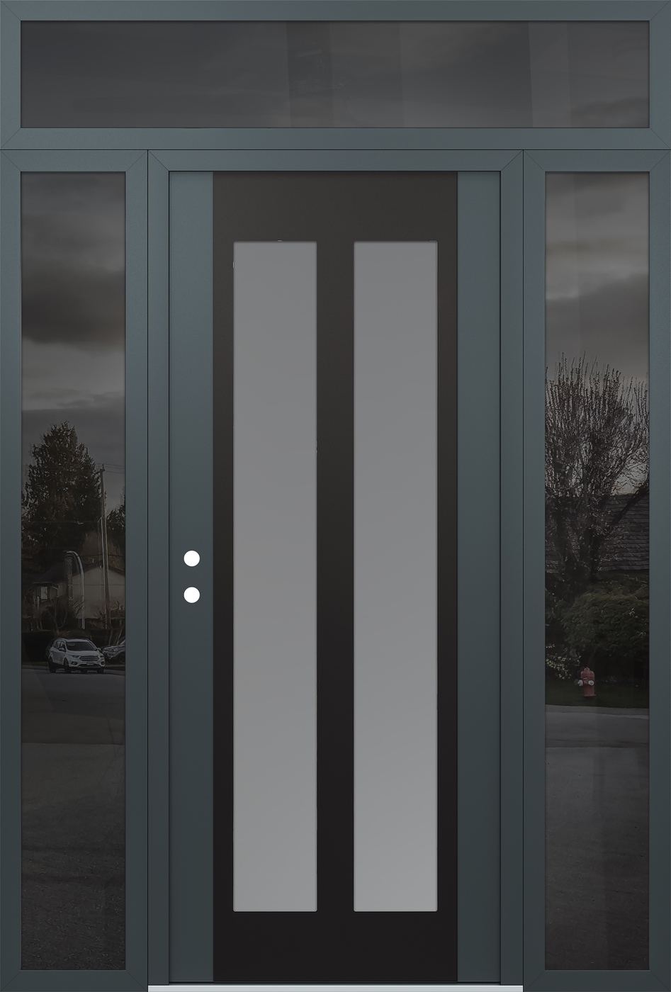 Modern Steel Front Door Diamond C14 60" x 96" anthracite/anthracite frosted Glass Panel black RHI with 2 Sidelites and Transom mirrored Glass