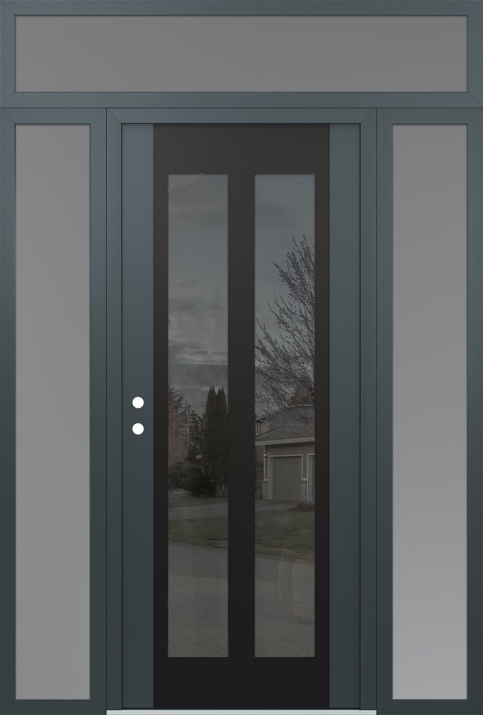 Modern Steel Front Door Diamond C14 60" x 96" anthracite/anthracite mirrored Glass Panel black RHI with 2 Sidelites and Transom frosted Glass