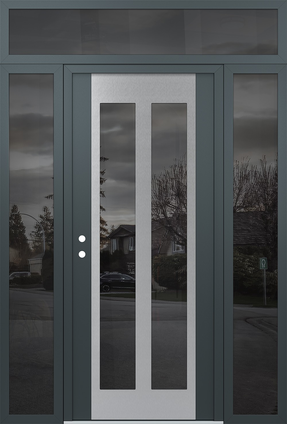 Modern Steel Front Door Diamond C14 60" x 96" anthracite/anthracite mirrored Glass Panel stainless steel RHI with 2 Sidelites and Transom mirrored Glass