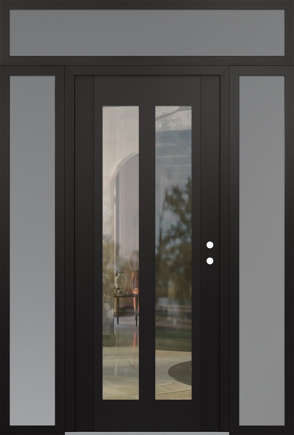 Modern Steel Front Door Diamond C14 60" x 96" black/black clear Glass Panel black LHI with 2 Sidelites and Transom frosted Glass