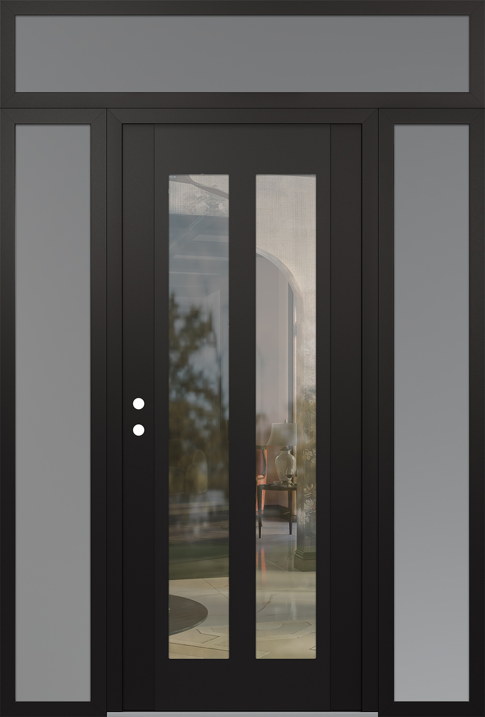 Modern Steel Front Door Diamond C14 60" x 96" black/black clear Glass Panel black RHI with 2 Sidelites and Transom frosted Glass