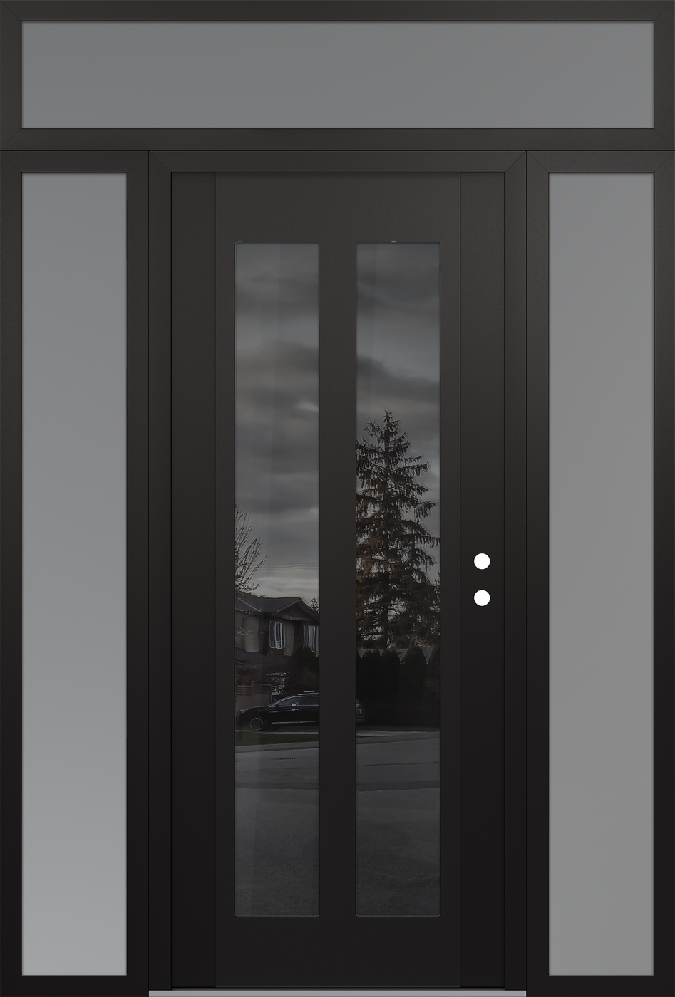 Modern Steel Front Door Diamond C14 60" x 96" black/black mirrored Glass Panel black LHI with 2 Sidelites and Transom frosted Glass