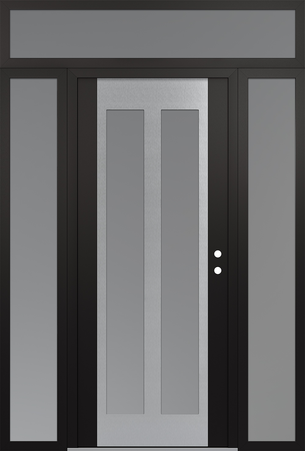 Modern Steel Front Door Diamond C14 60" x 96" black/white frosted Glass Panel stainless steel LHI with 2 Sidelites and Transom frosted Glass