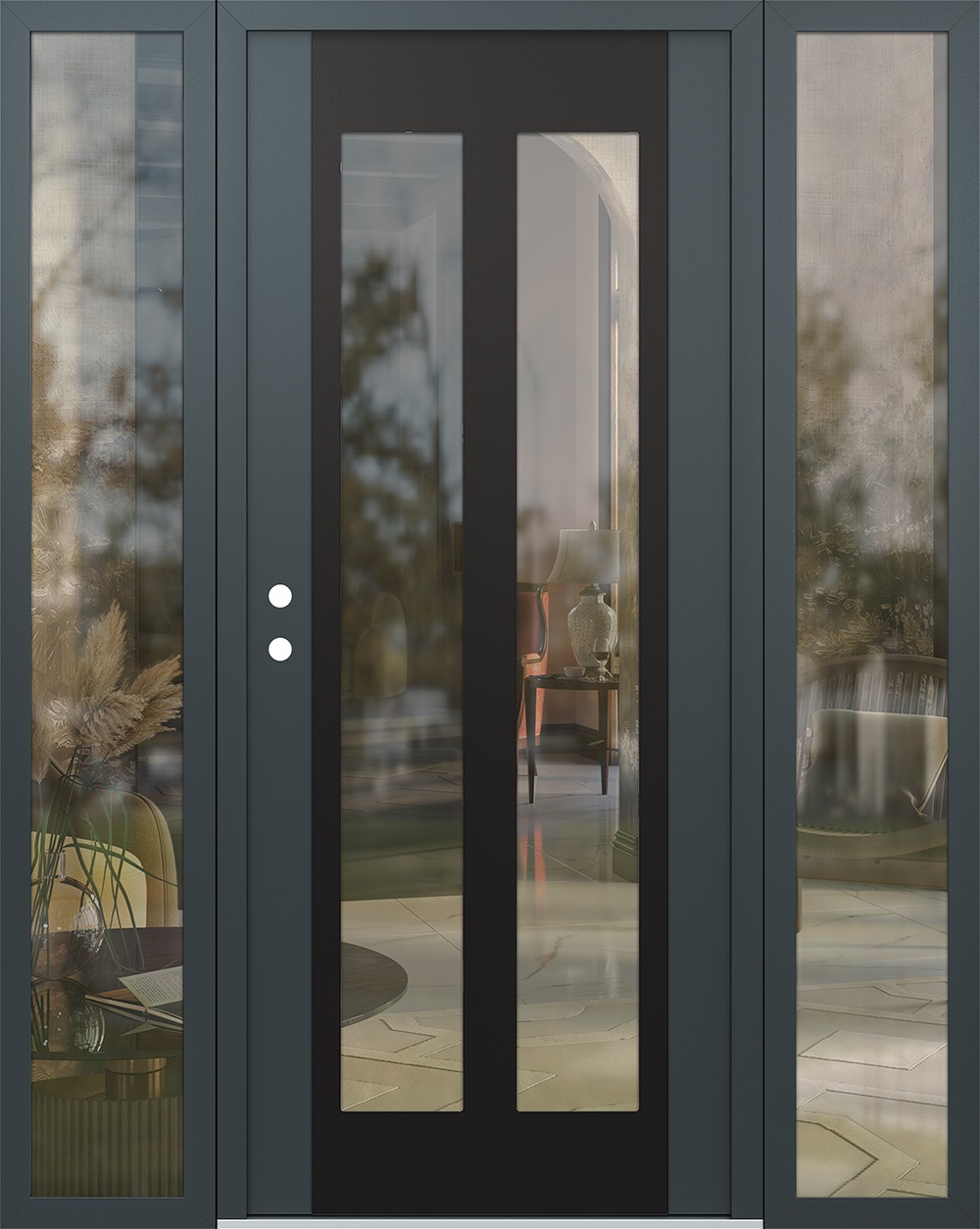 Modern Steel Front Door Diamond C14 64" x 80" anthracite/anthracite clear Glass Panel black RHI with 2 Sidelites clear Glass
