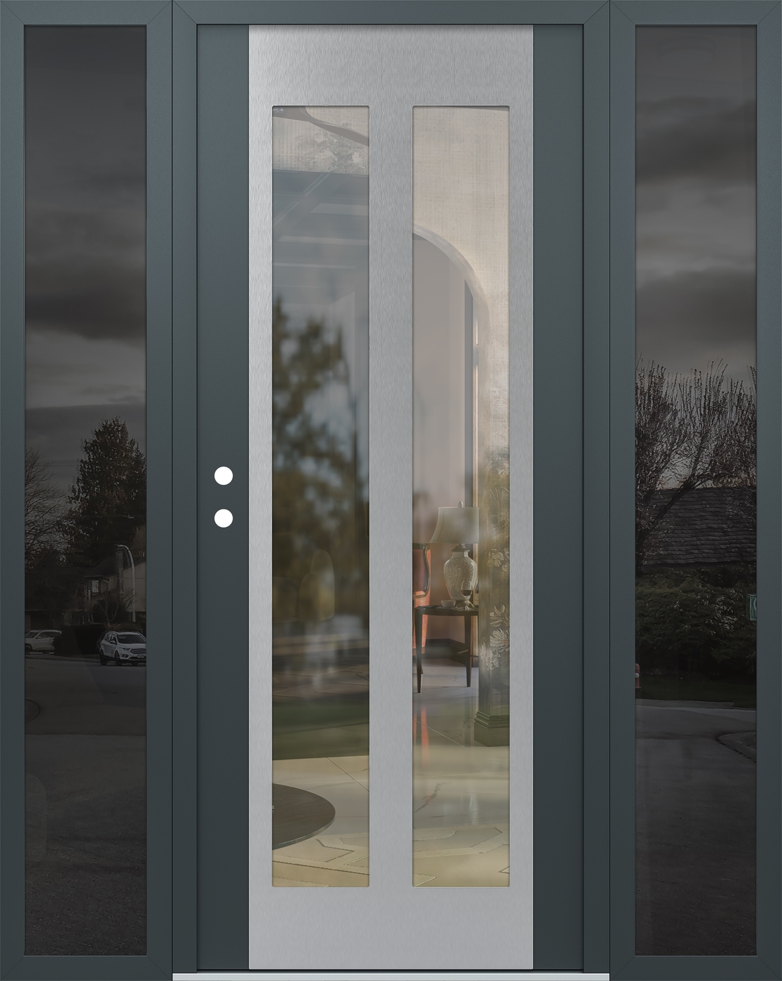 Modern Steel Front Door Diamond C14 64" x 80" anthracite/anthracite clear Glass Panel stainless steel RHI with 2 Sidelites mirrored Glass