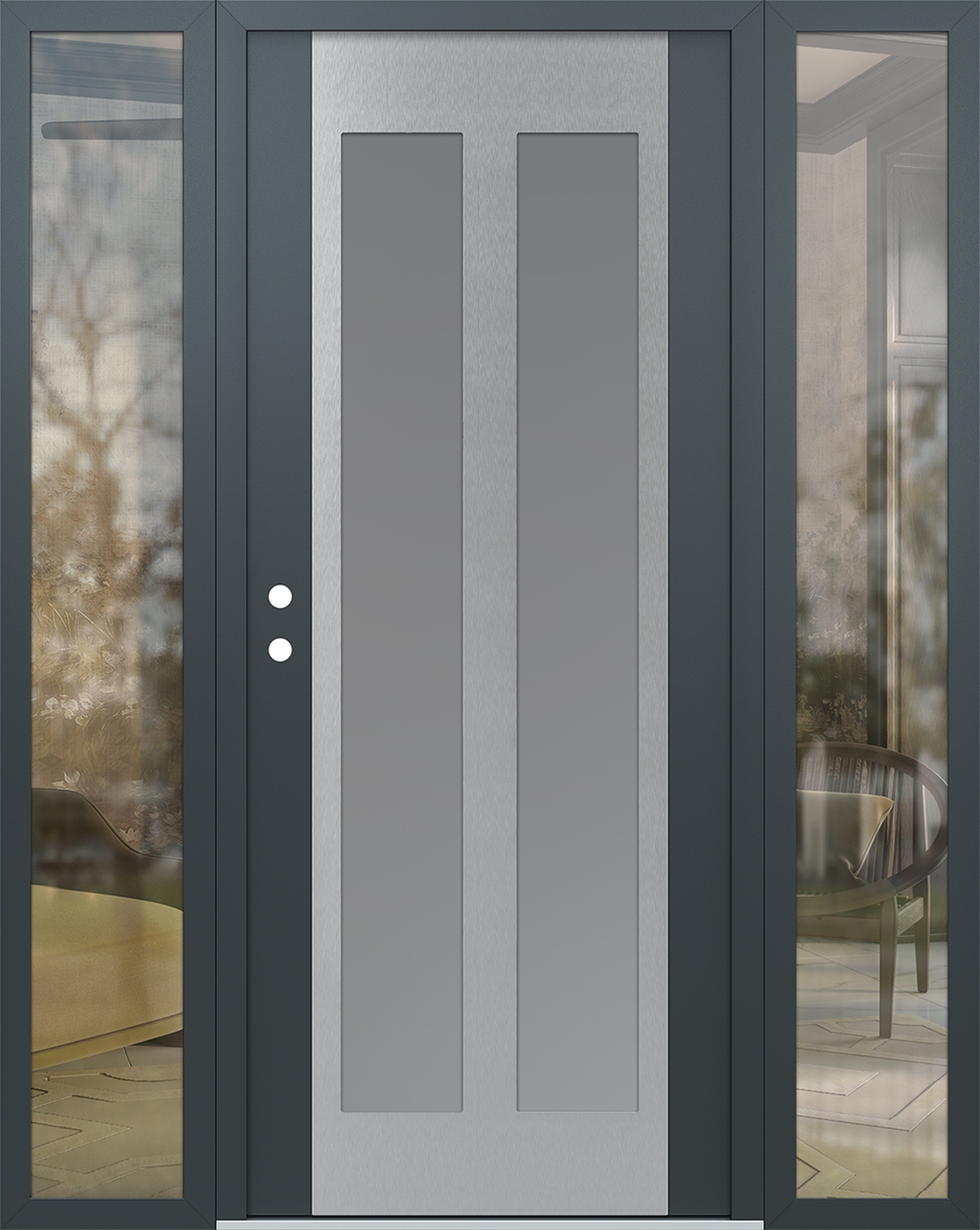 Modern Steel Front Door Diamond C14 64" x 80" anthracite/anthracite frosted Glass Panel stainless steel RHI with 2 Sidelites clear Glass