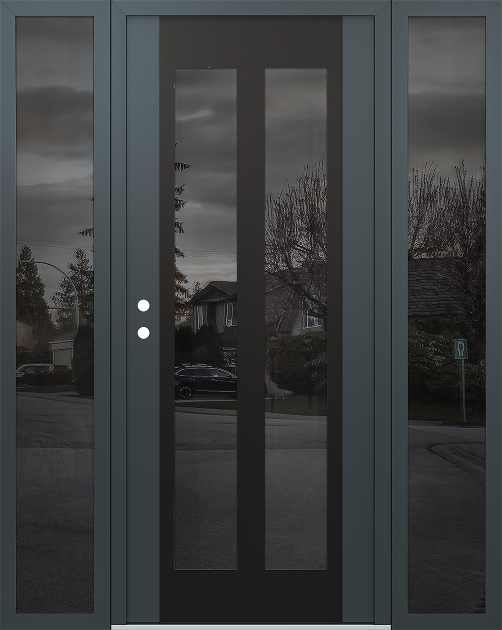 Modern Steel Front Door Diamond C14 64" x 80" anthracite/anthracite mirrored Glass Panel black RHI with 2 Sidelites mirrored Glass