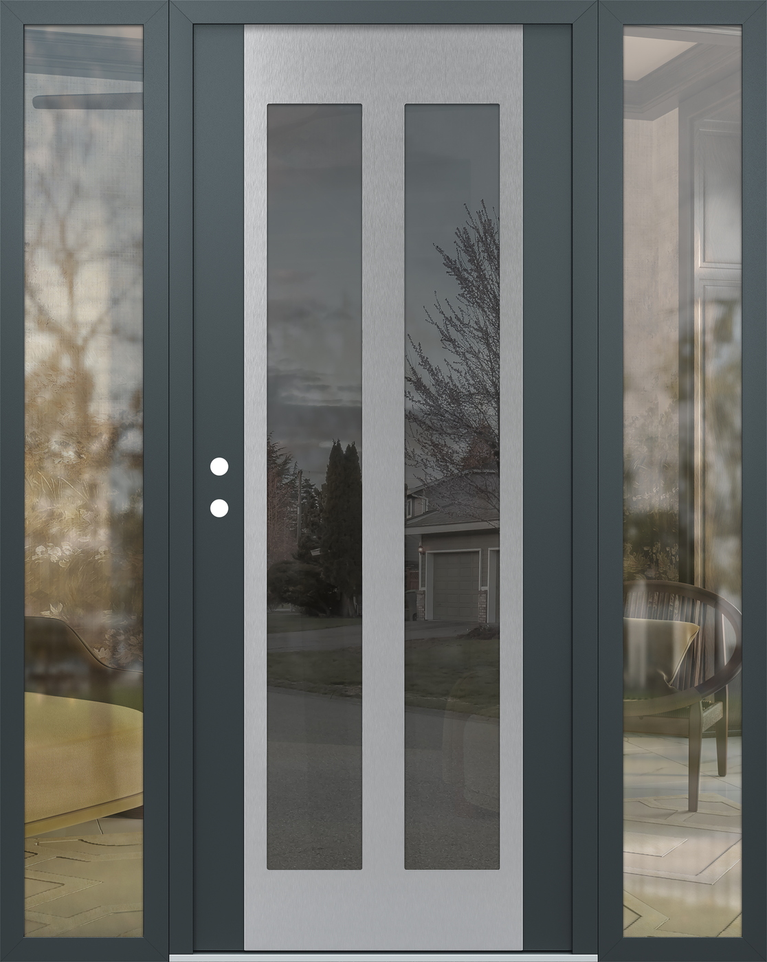 Modern Steel Front Door Diamond C14 64" x 80" anthracite/anthracite mirrored Glass Panel stainless steel RHI with 2 Sidelites clear Glass