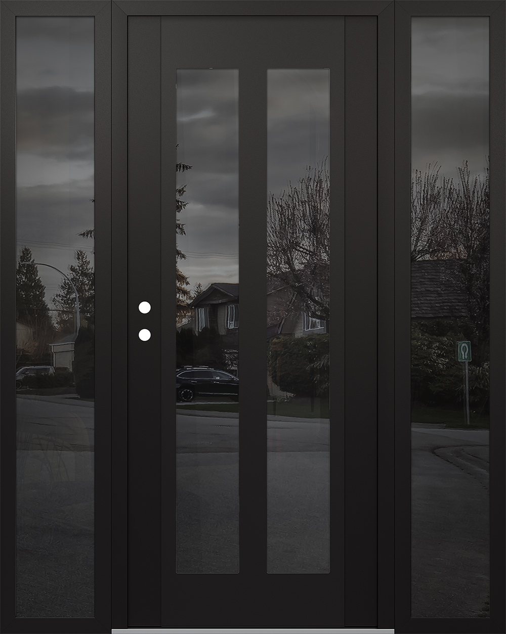 Modern Steel Front Door Diamond C14 64" x 80" black/black mirrored Glass Panel black RHI with 2 Sidelites mirrored Glass