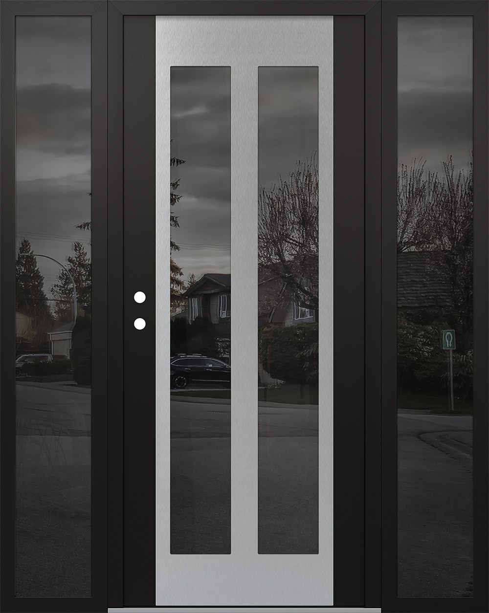 Modern Steel Front Door Diamond C14 64" x 80" black/black mirrored Glass Panel stainless steel RHI with 2 Sidelites mirrored Glass