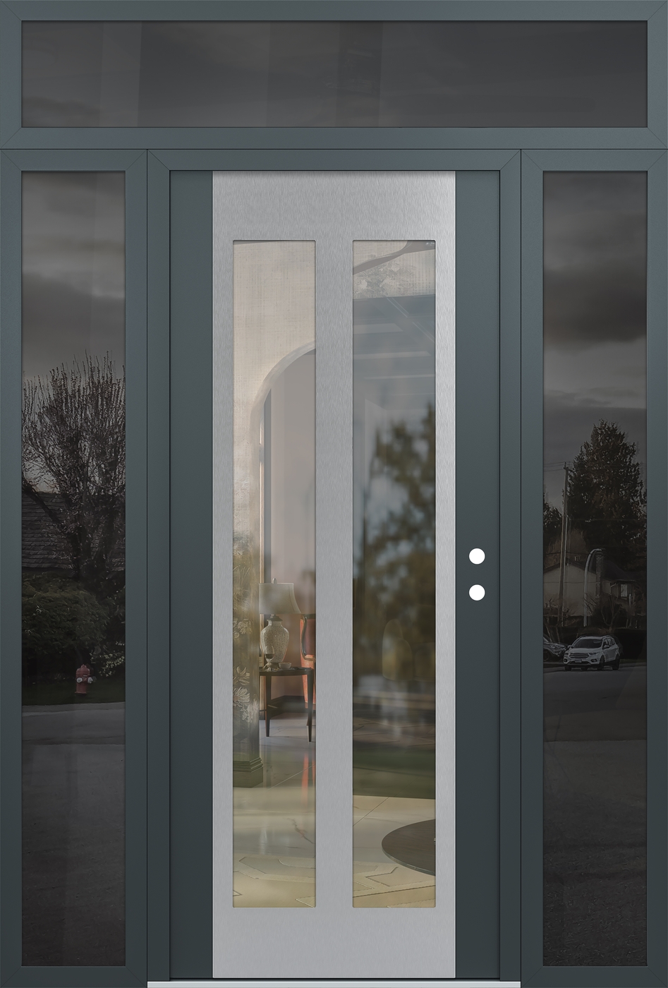 Modern Steel Front Door Diamond C14 64" x 96" anthracite/anthracite clear Glass Panel stainless steel LHI with 2 Sidelites and Transom mirrored Glass