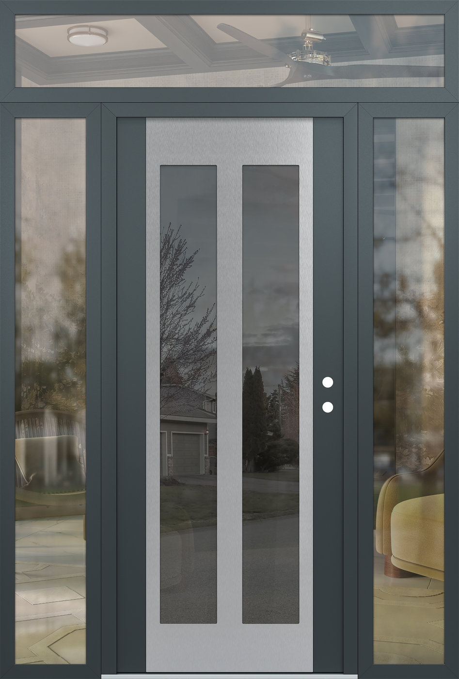 Modern Steel Front Door Diamond C14 64" x 96" anthracite/anthracite mirrored Glass Panel stainless steel LHI with 2 Sidelites and Transom clear Glass
