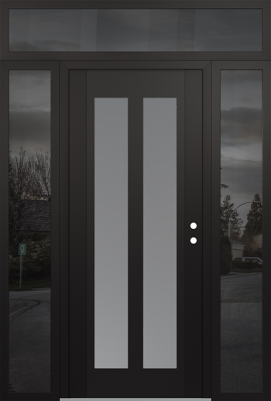 Modern Steel Front Door Diamond C14 64" x 96" black/white frosted Glass Panel black LHI with 2 Sidelites and Transom mirrored Glass