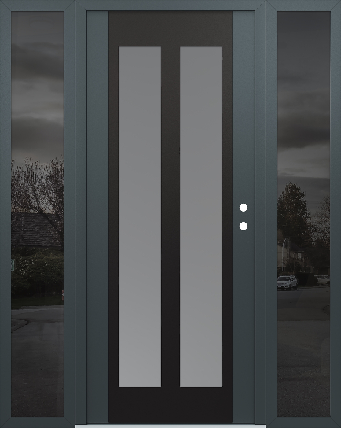 Modern Steel Front Door Diamond C14 68" x 80" anthracite/anthracite frosted Glass Panel black LHI with 2 Sidelites mirrored Glass