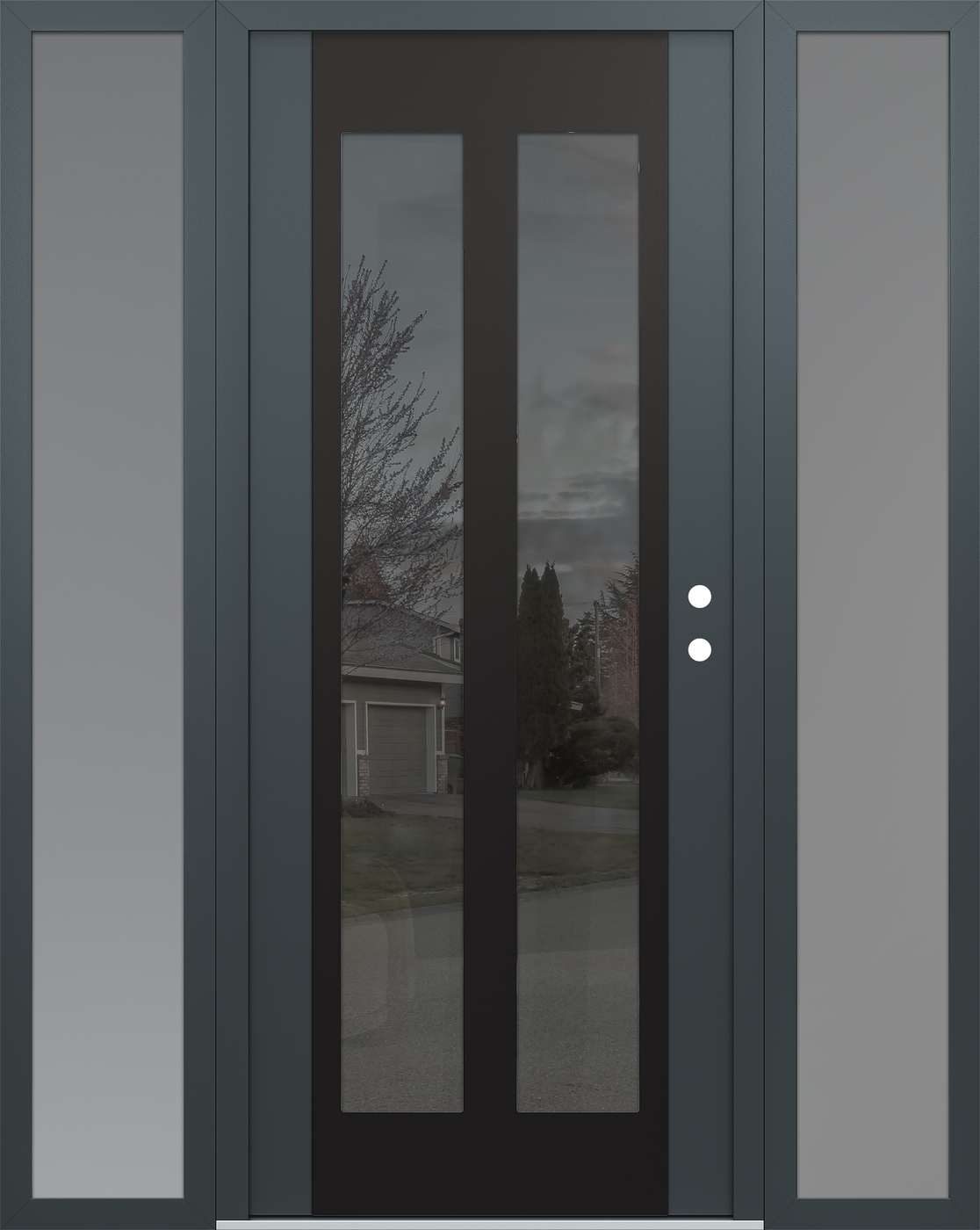 Modern Steel Front Door Diamond C14 68" x 80" anthracite/anthracite mirrored Glass Panel black LHI with 2 Sidelites frosted Glass