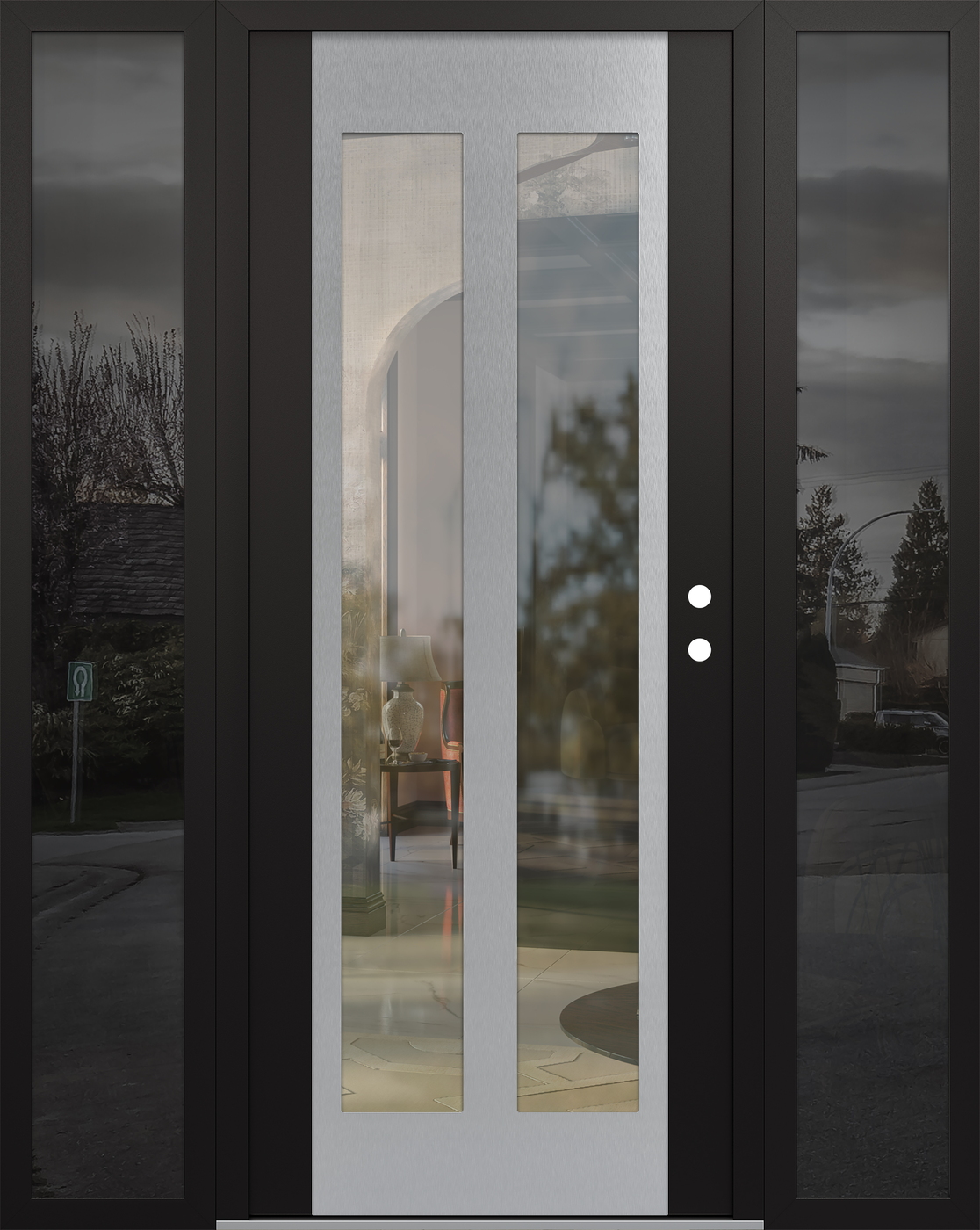 Modern Steel Front Door Diamond C14 68" x 80" black/black clear Glass Panel stainless steel LHI with 2 Sidelites mirrored Glass