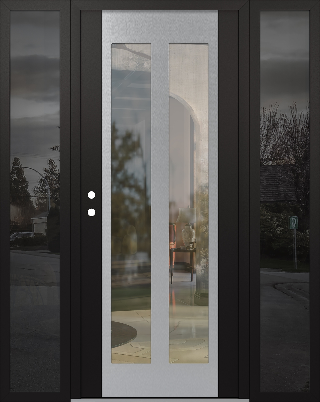 Modern Steel Front Door Diamond C14 68" x 80" black/black clear Glass Panel stainless steel RHI with 2 Sidelites mirrored Glass